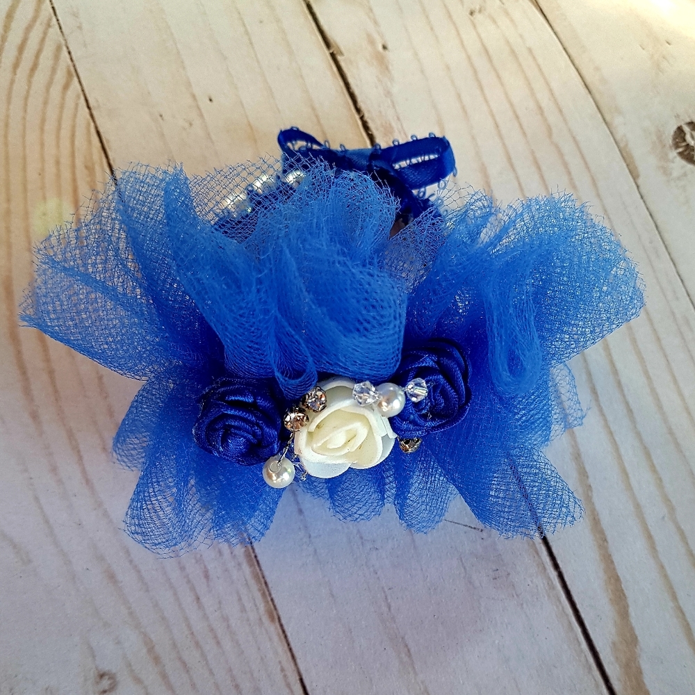 Blue tulle wrist corsage/bracelet
